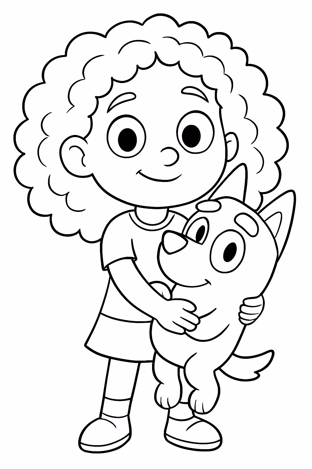 Uma menininha de cabelo cacheado coma bluey para colorir — desenho para imprimir