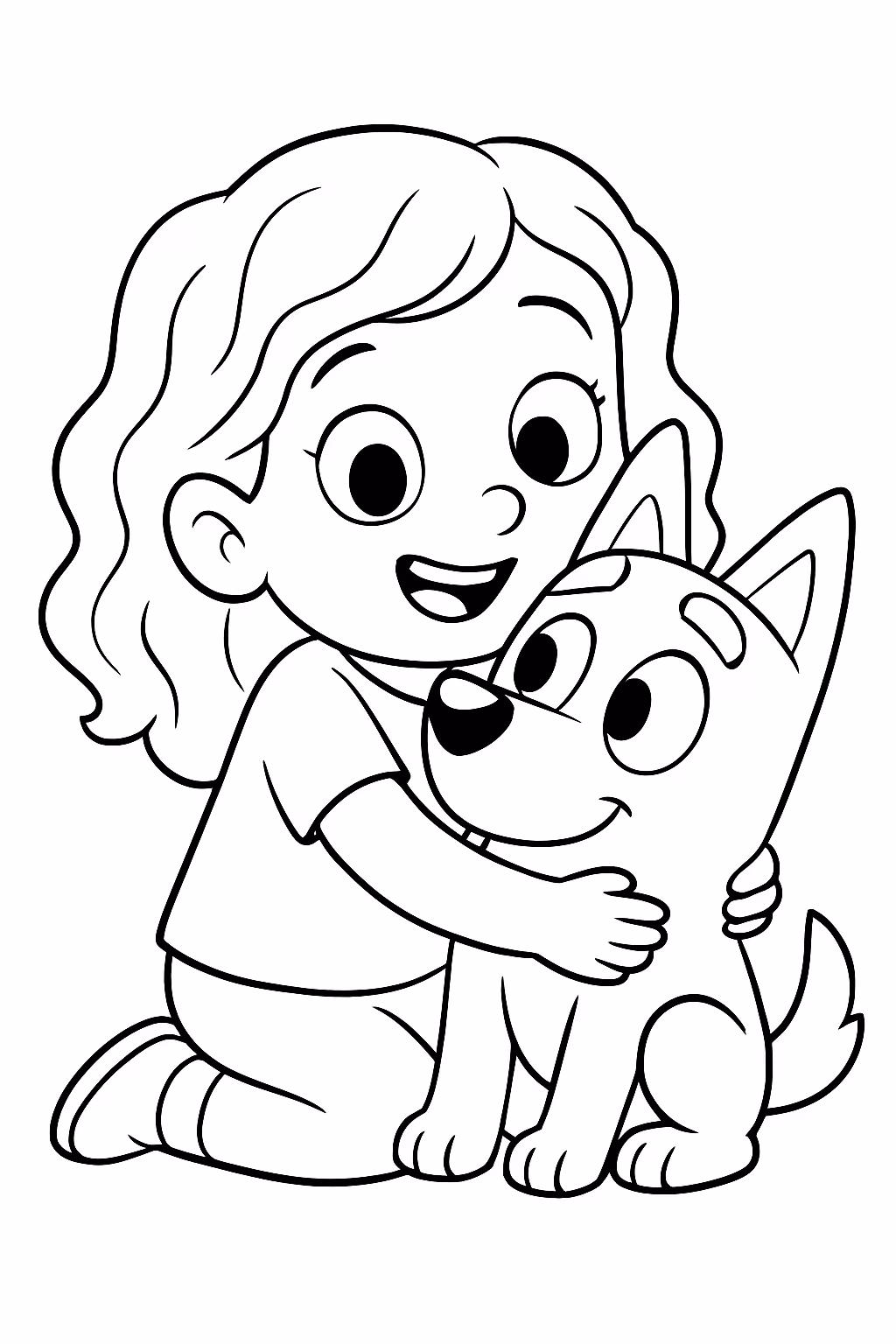 Uma menininha de cabelo ondulado coma bluey para colorir — desenho para imprimir