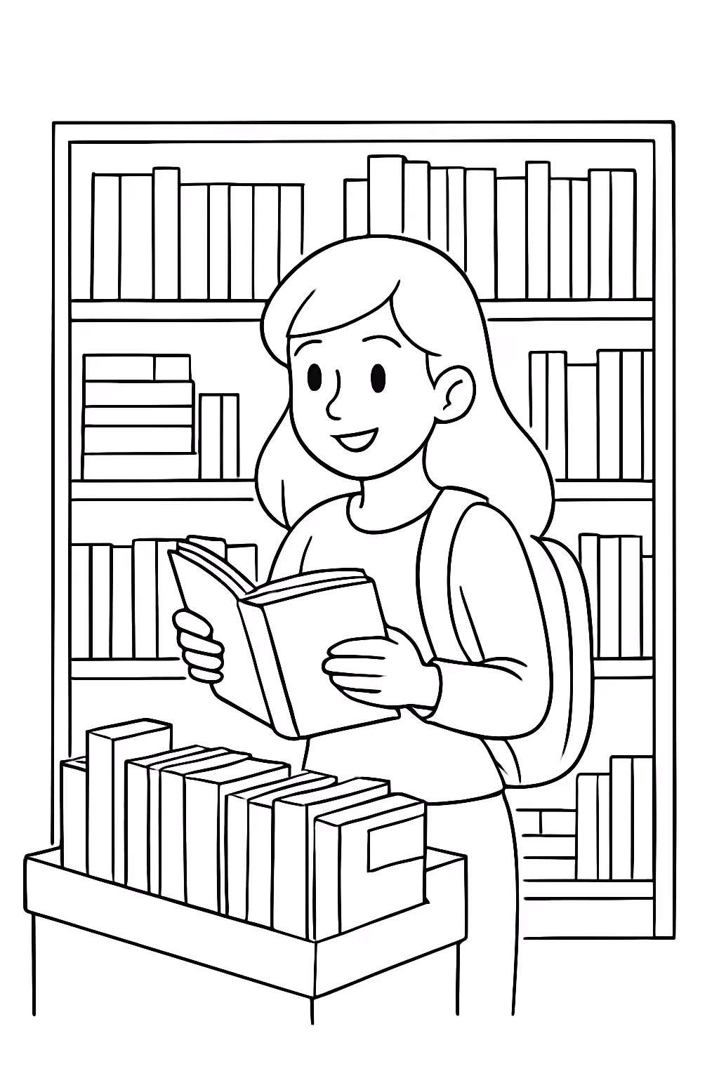 Uma moca comprando livros na livraria para colorir — desenho para imprimir