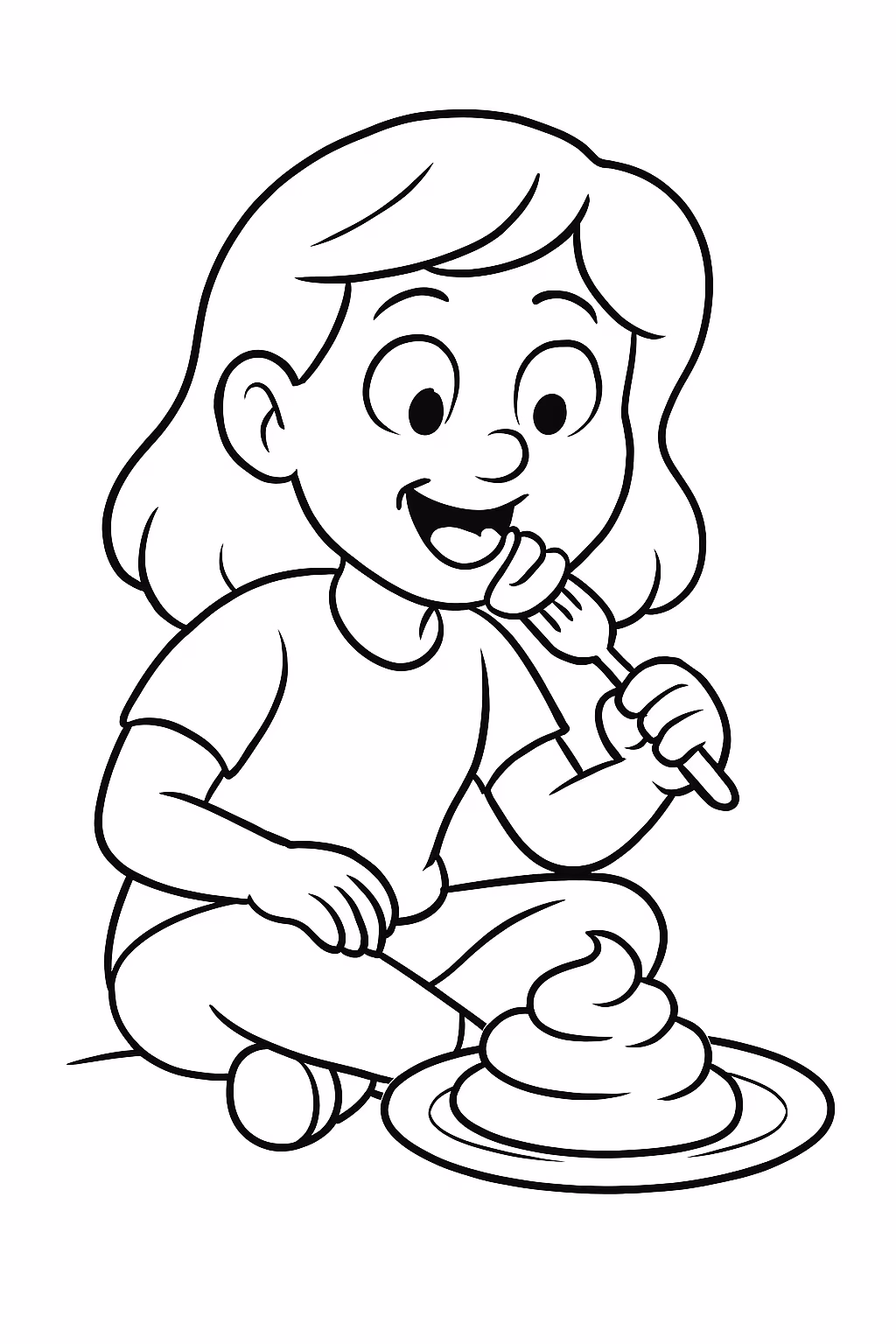 Uma mulher comendo coco em um prato no chao para colorir — desenho para imprimir