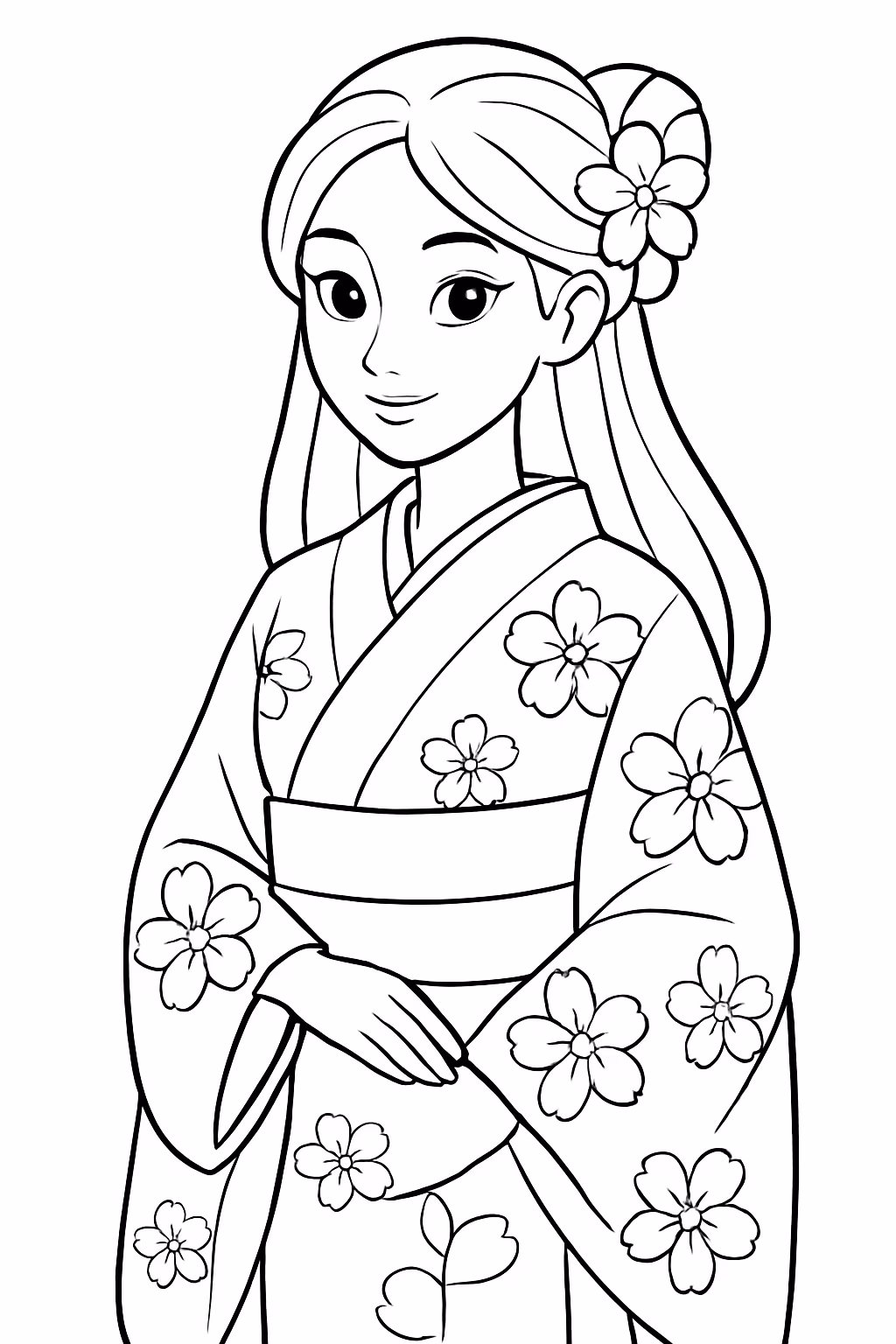 Uma mulher coreana muito bonita com um vestido japones com para colorir — desenho para imprimir