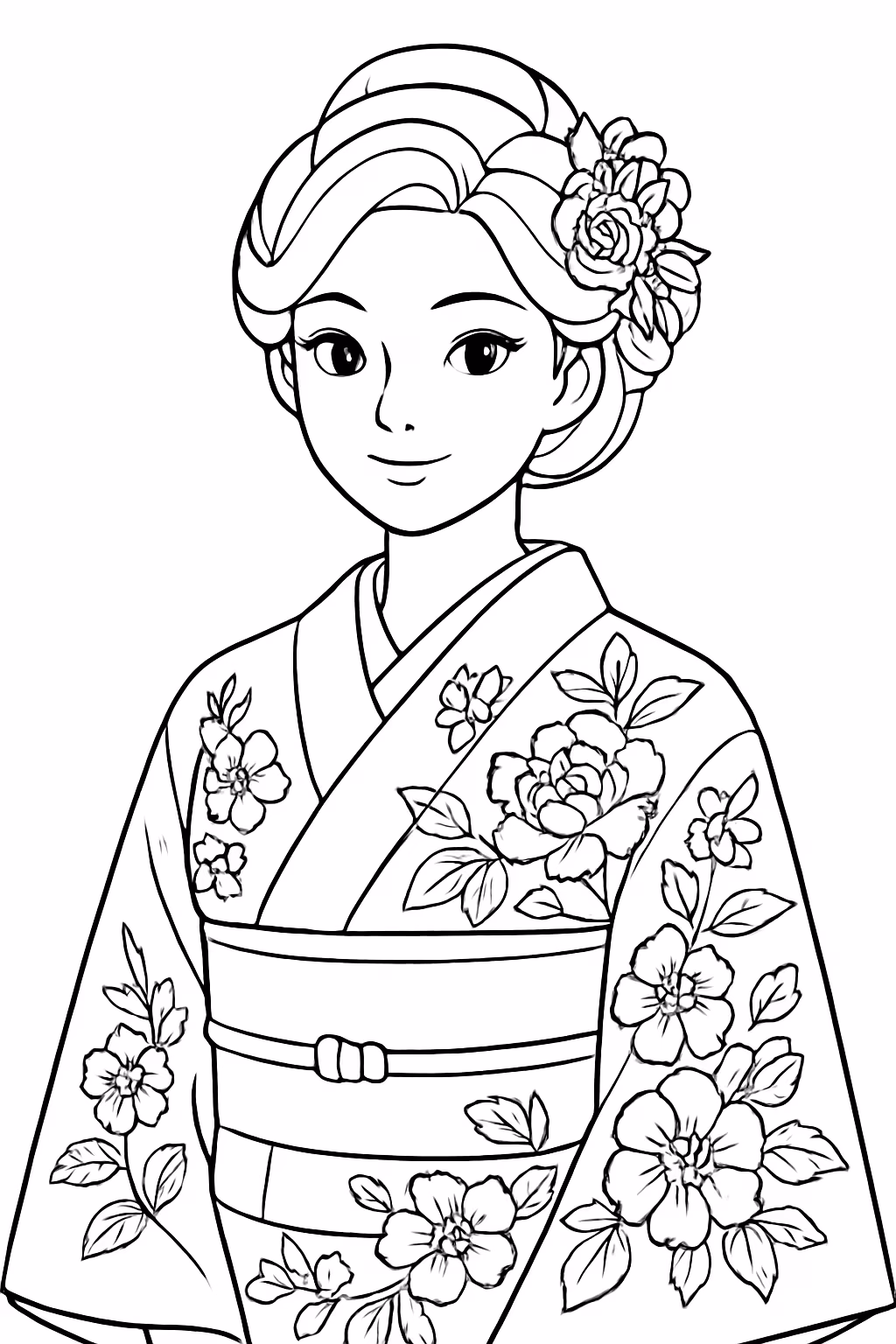 Uma mulher coreana muito bonita com um vestido japones com para colorir — desenho para imprimir