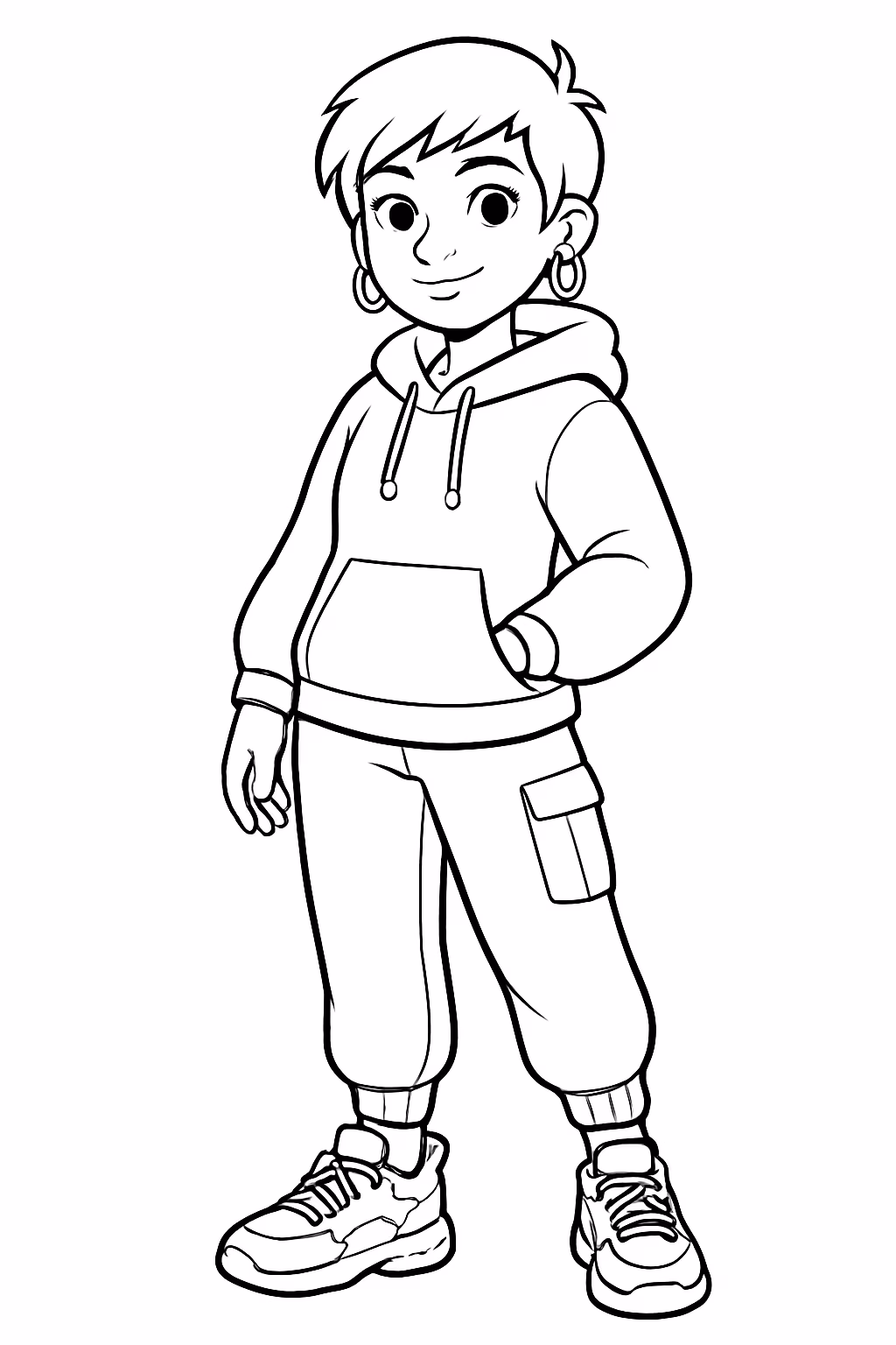 Uma mulher de cabelo curto e roupas street wer para colorir — desenho para imprimir