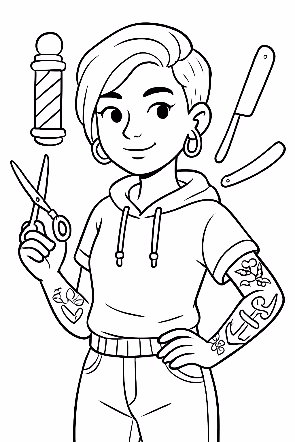 Uma mulher de cabelo curto e roupas street wer com para colorir — desenho para imprimir