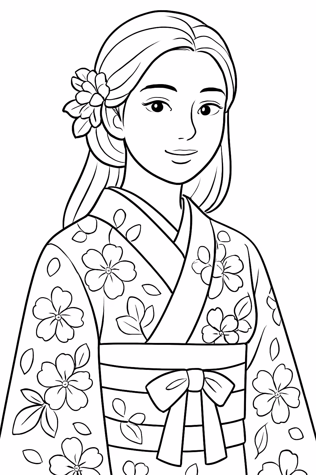Uma mulher realista coreana muito bonita com um vestido japones para colorir — desenho para imprimir