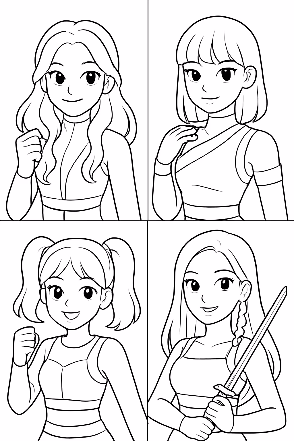 Uma pagina de dividida em partes com as guerreiras do para colorir — desenho para imprimir