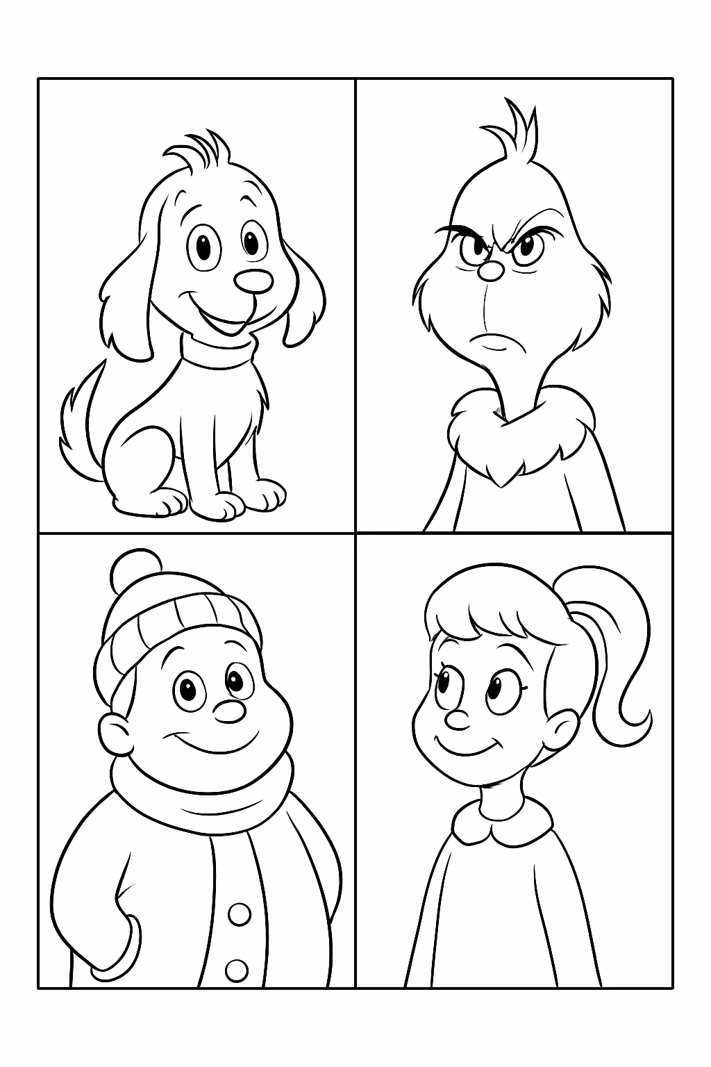 Uma pagina de dividida em partes com as personagens do para colorir — desenho para imprimir