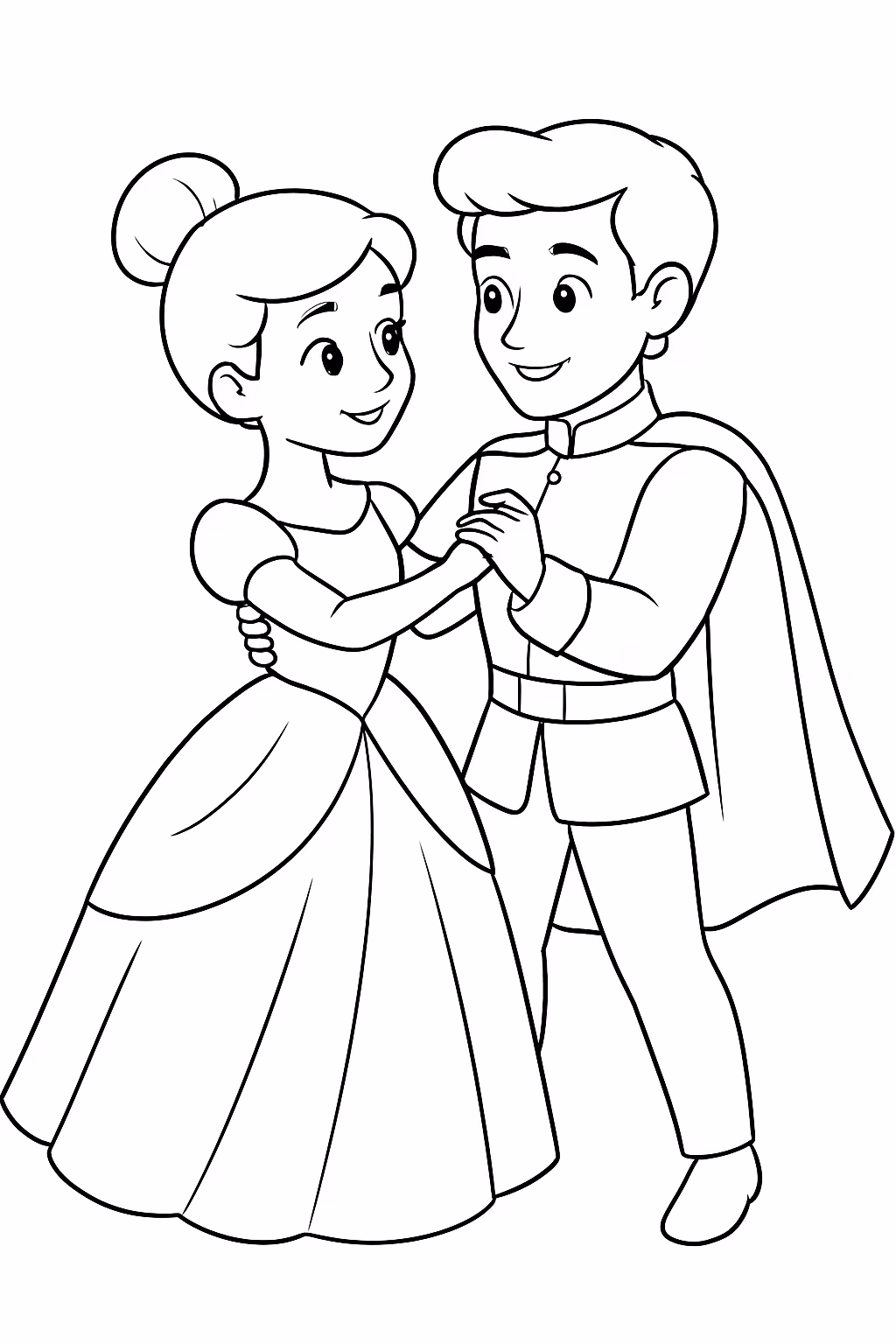 Uma princesa de coque no cabelo e um principe em para colorir — desenho para imprimir