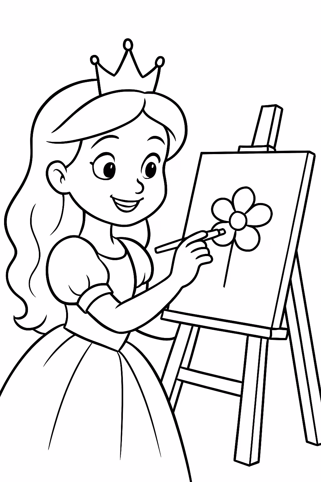 Uma princesa desenhando em um quadro para colorir — desenho para imprimir