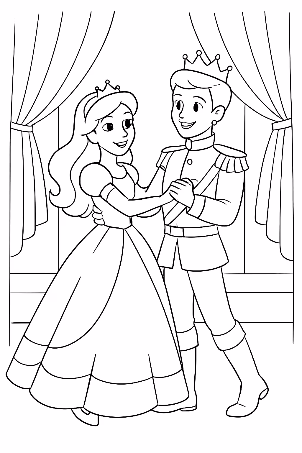 Uma princesa e um principe em um baile para colorir — desenho para imprimir