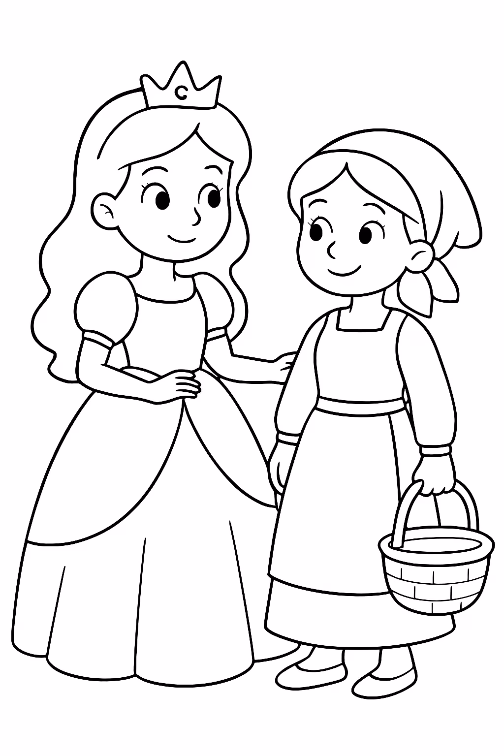 Uma princesa e uma pebleia para colorir — desenho para imprimir