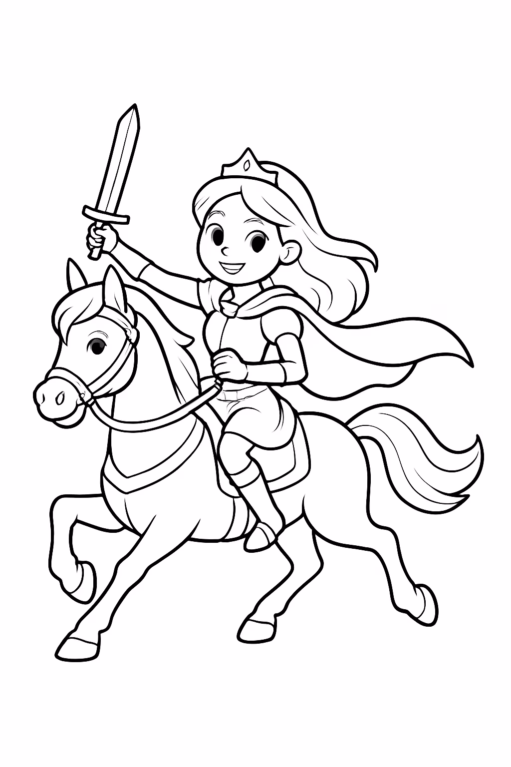 Uma princesa guerreira no cavalo para colorir — desenho para imprimir
