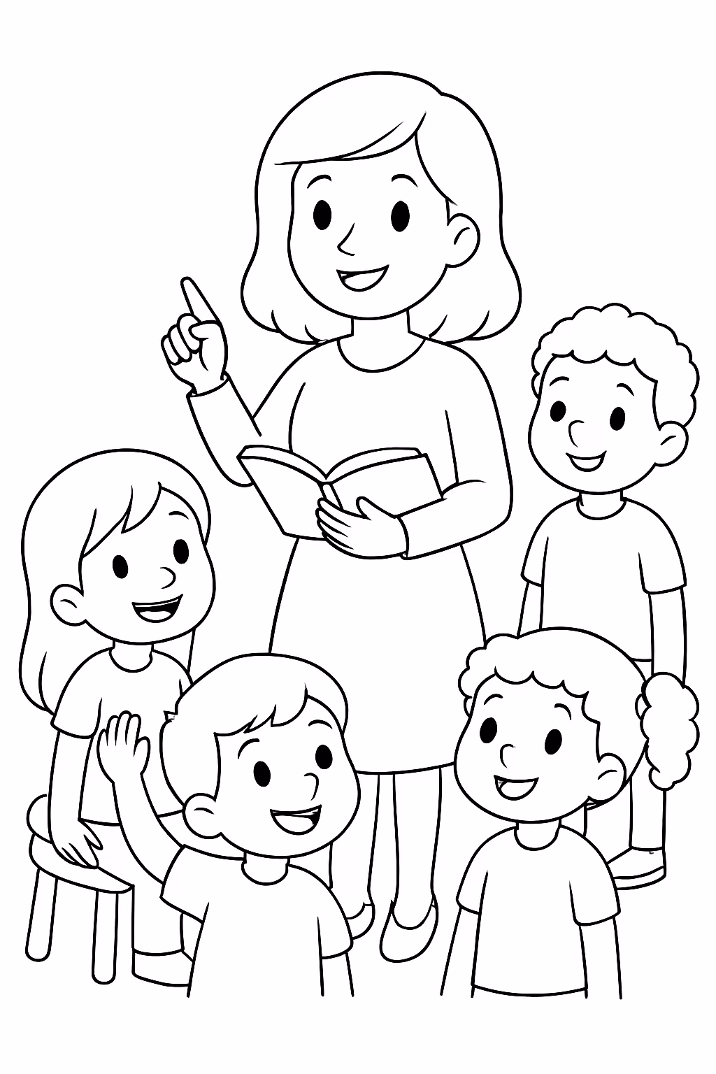 Uma professora com os alunos para colorir — desenho para imprimir
