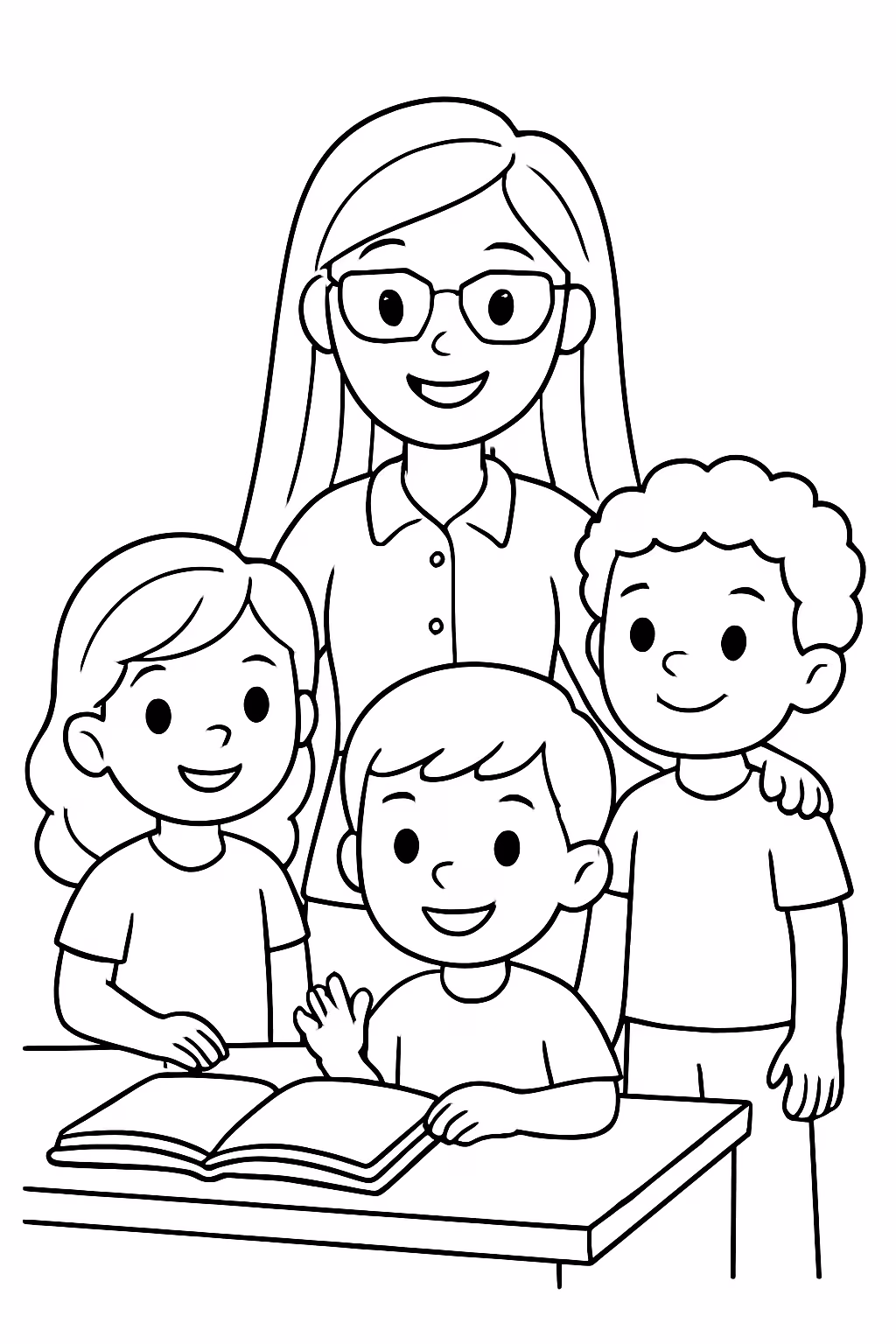 Uma professora de cabelo longo megricela com os alunos para colorir — desenho para imprimir
