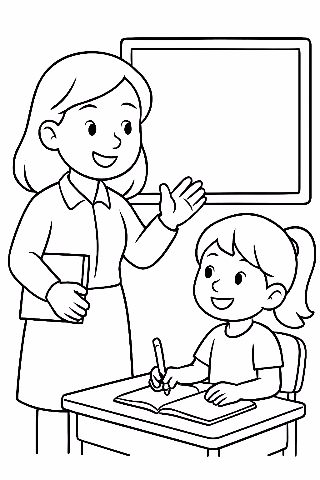 Uma professora e uma aluna para colorir — desenho para imprimir