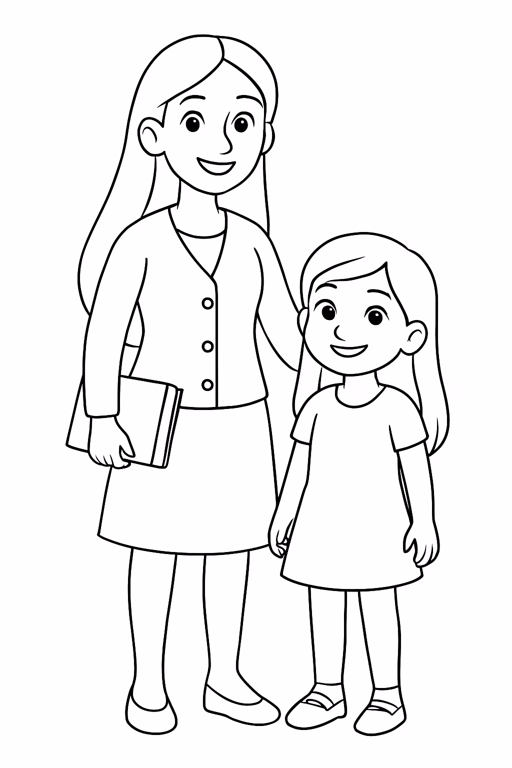 Uma professora magra de cabelo longo com sua filha para colorir — desenho para imprimir