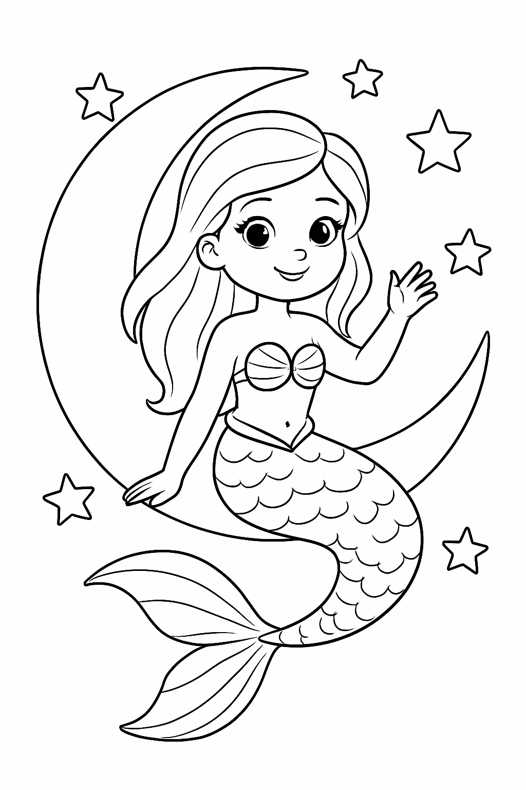 Uma sereia com calda brilhante na lua para colorir — desenho para imprimir