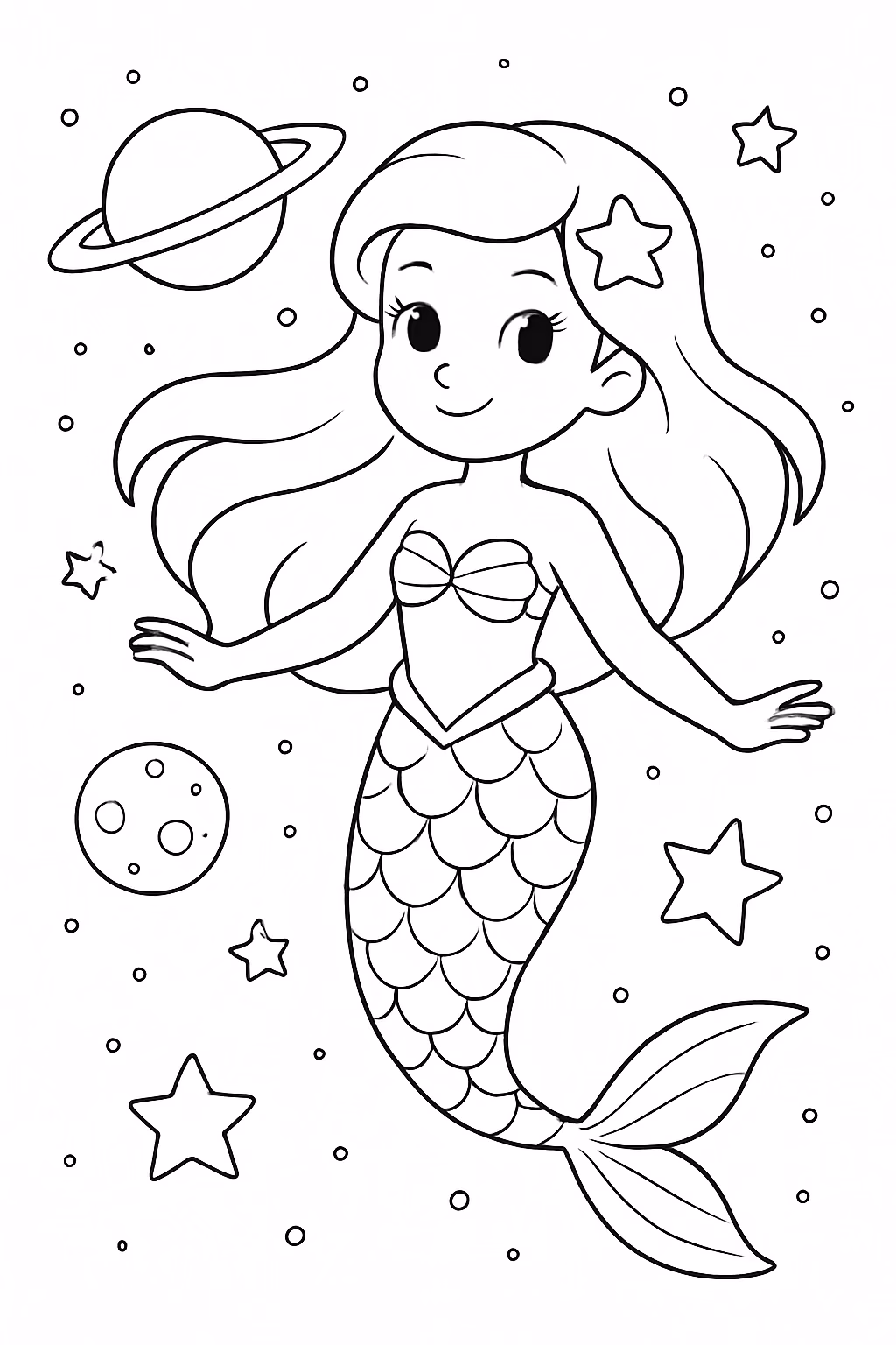 Uma sereia no espaco para colorir — desenho para imprimir