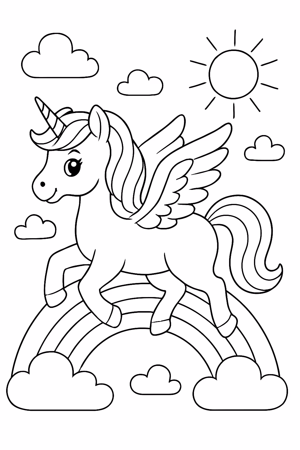 Unicornio com asas no arco iris erros para colorir — desenho para imprimir