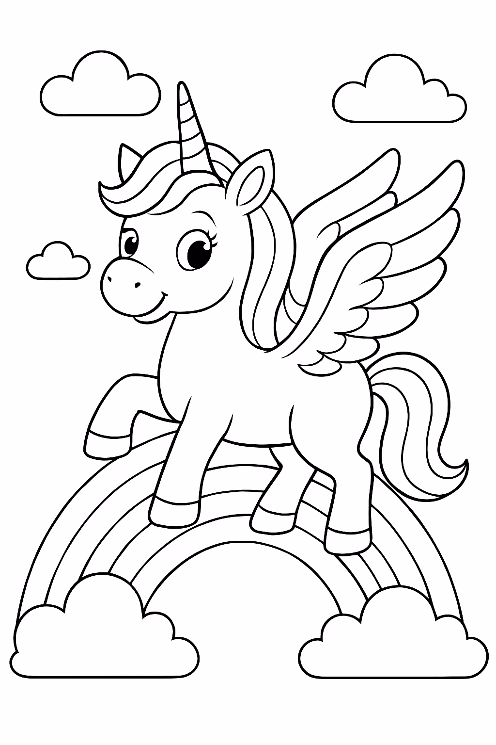 Unicornio com asas no arco iris para colorir — desenho para imprimir