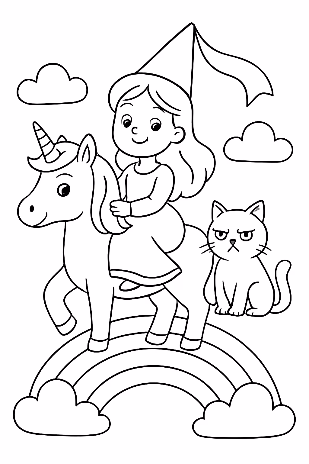 Unicornio no arco iris com uma princesa de chapeu e para colorir — desenho para imprimir