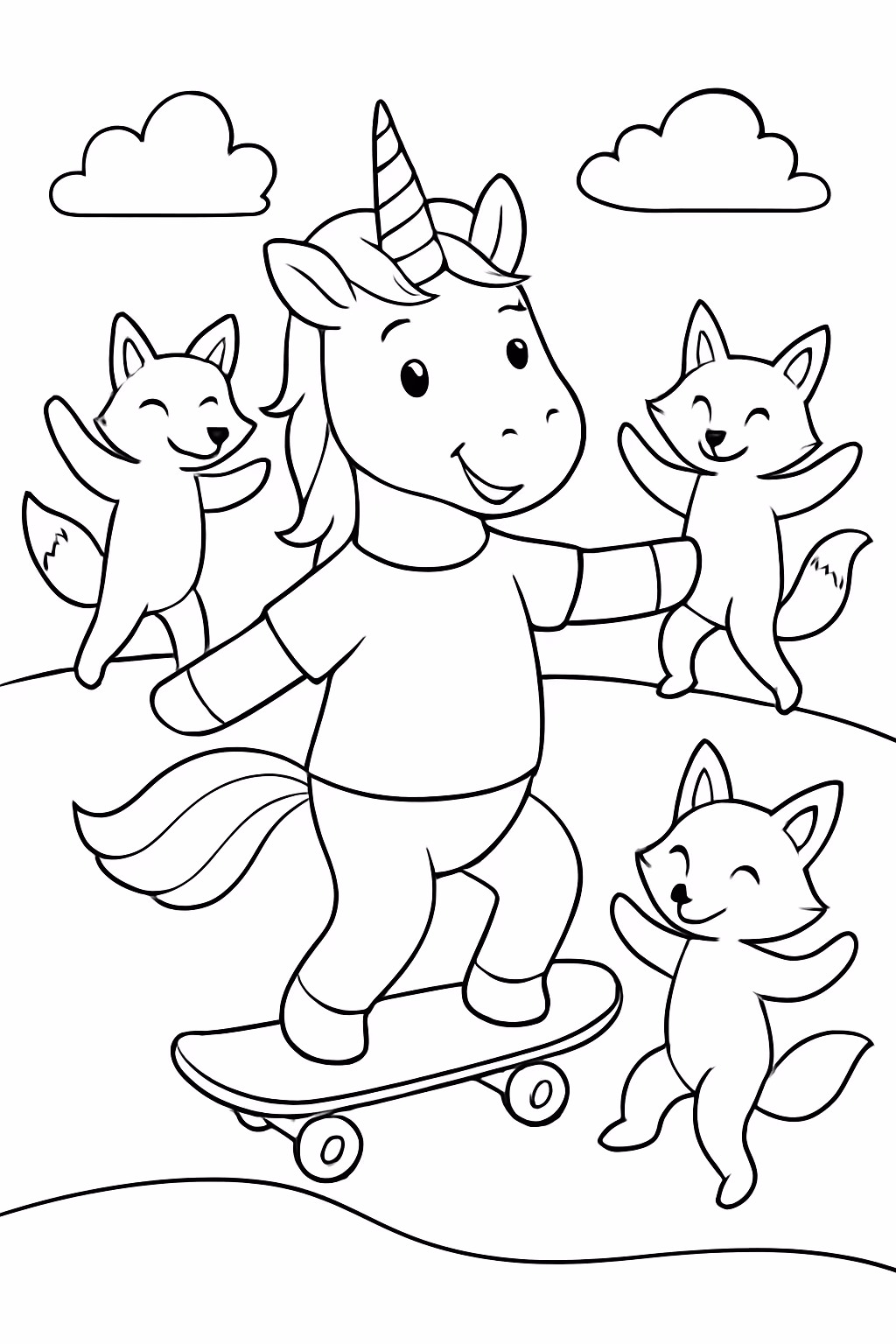 Unicornios skatista com raposas dancando para colorir — desenho para imprimir