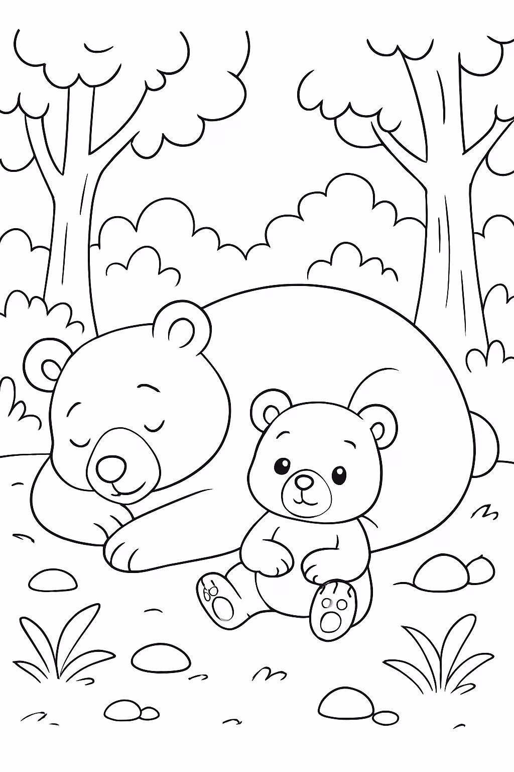 Urso bebe bem fofo com sua mae descansando no chao para colorir — desenho para imprimir