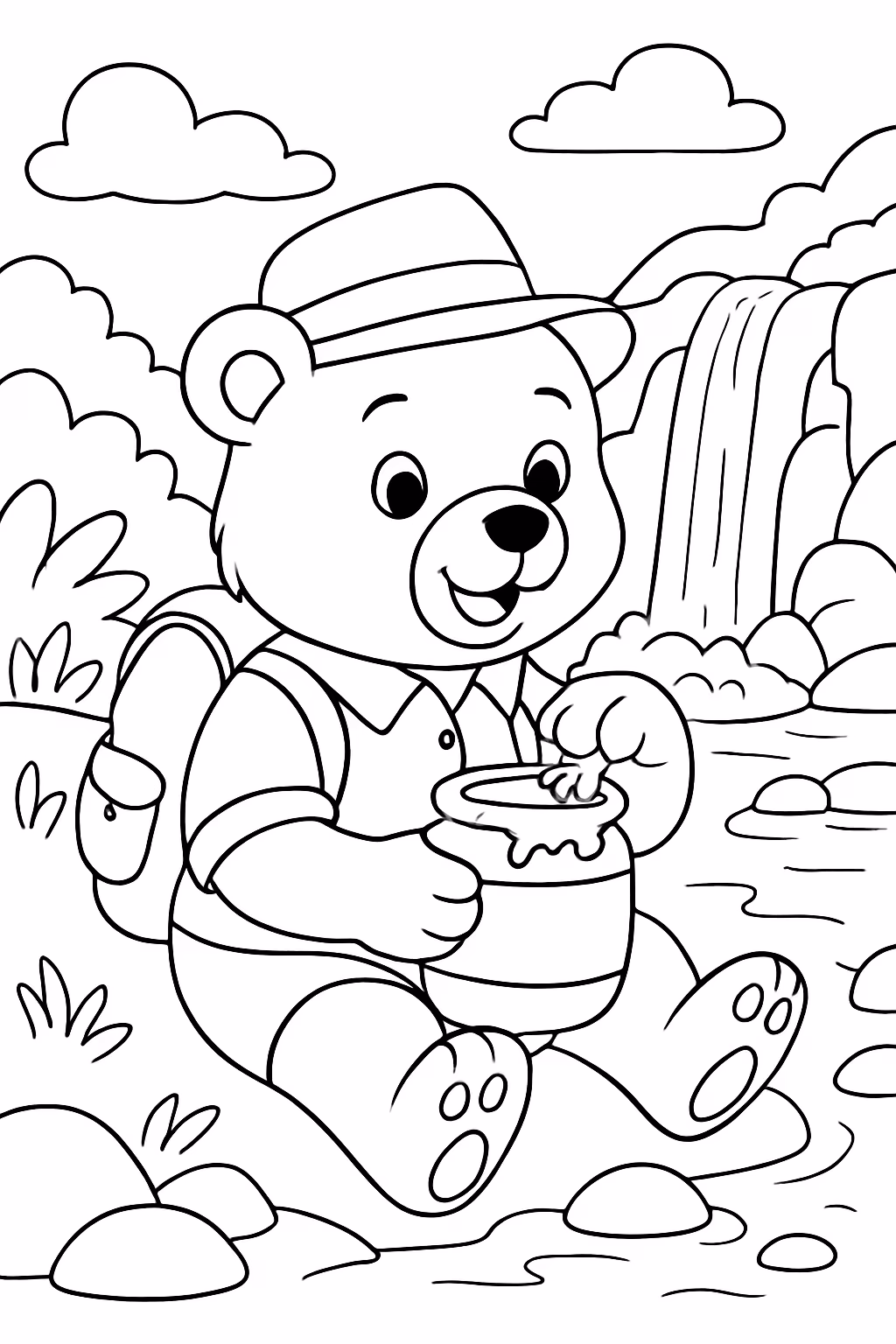 Urso comendo mel e com chapeu mochila e roupa numa para colorir — desenho para imprimir
