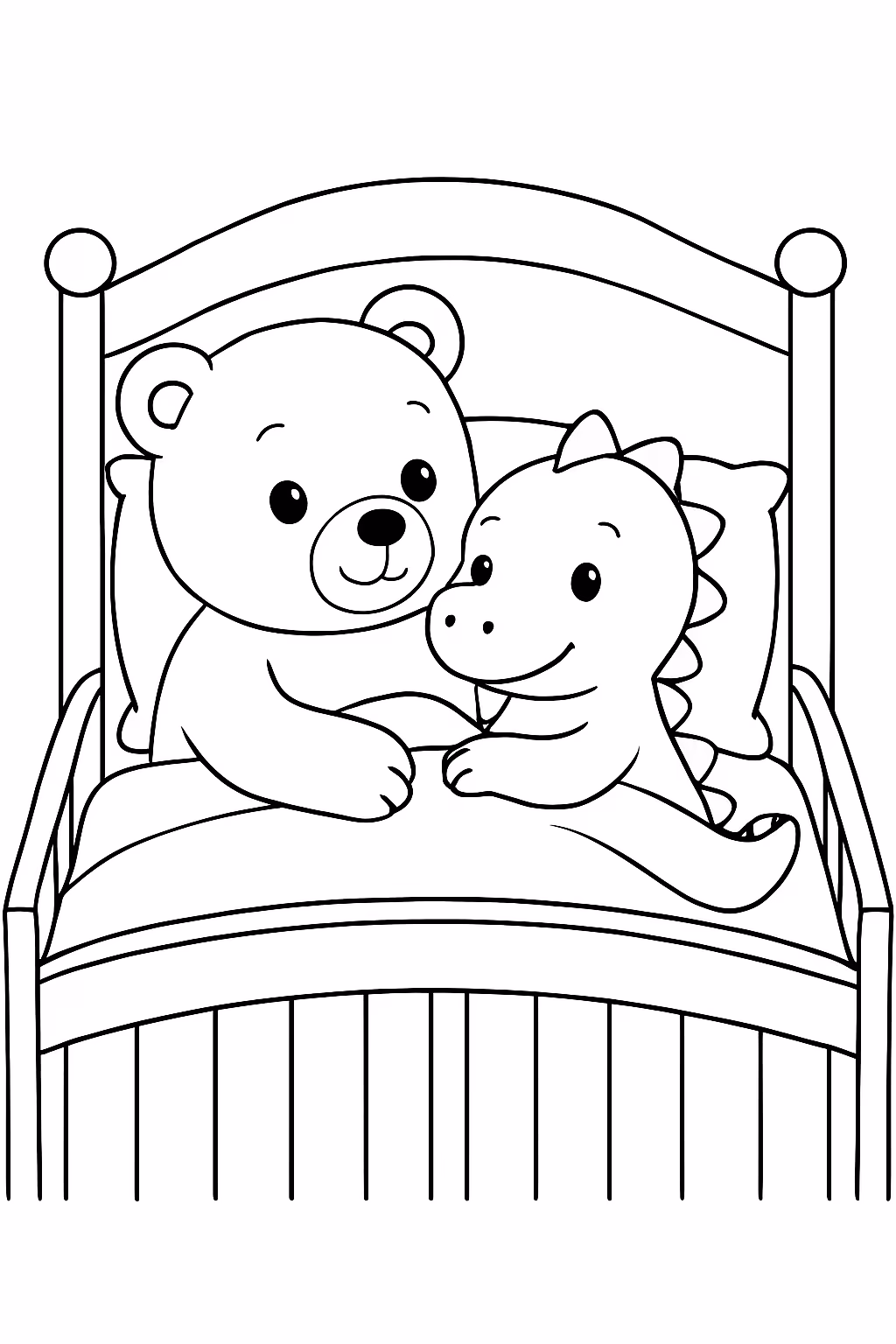Urso e dinossauro em berco para colorir — desenho para imprimir