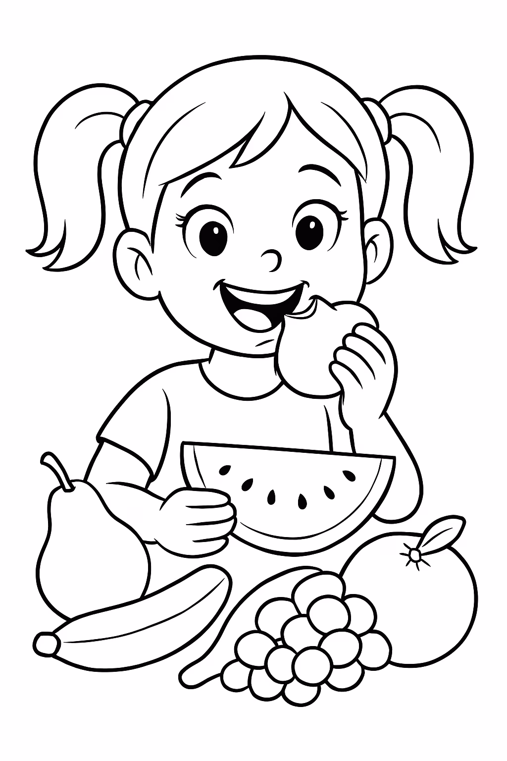 Valentina comendo varias frutas para colorir — desenho para imprimir
