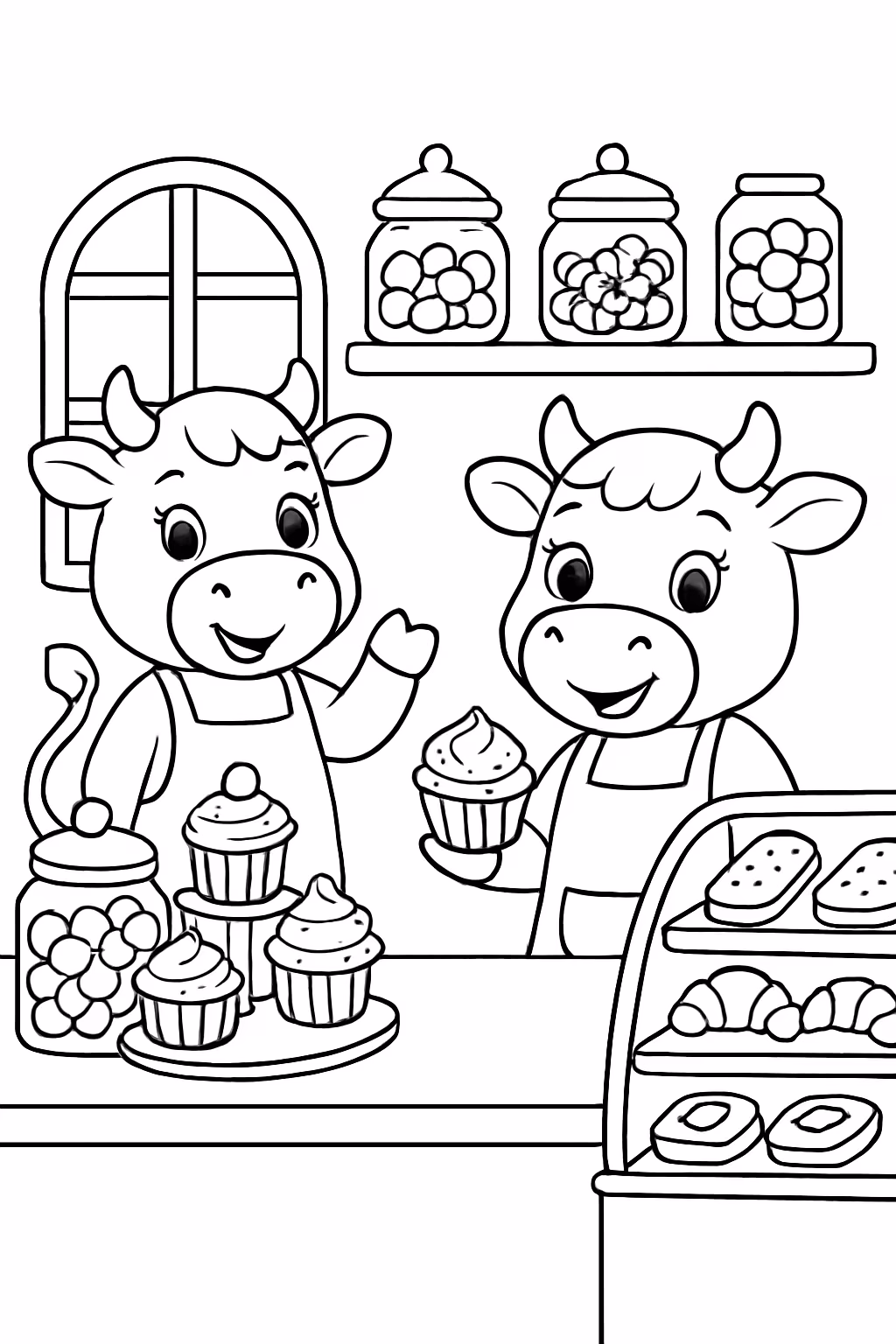 Vaquinhas em uma confeitaria vendendo doces e cupcakes para colorir — desenho para imprimir