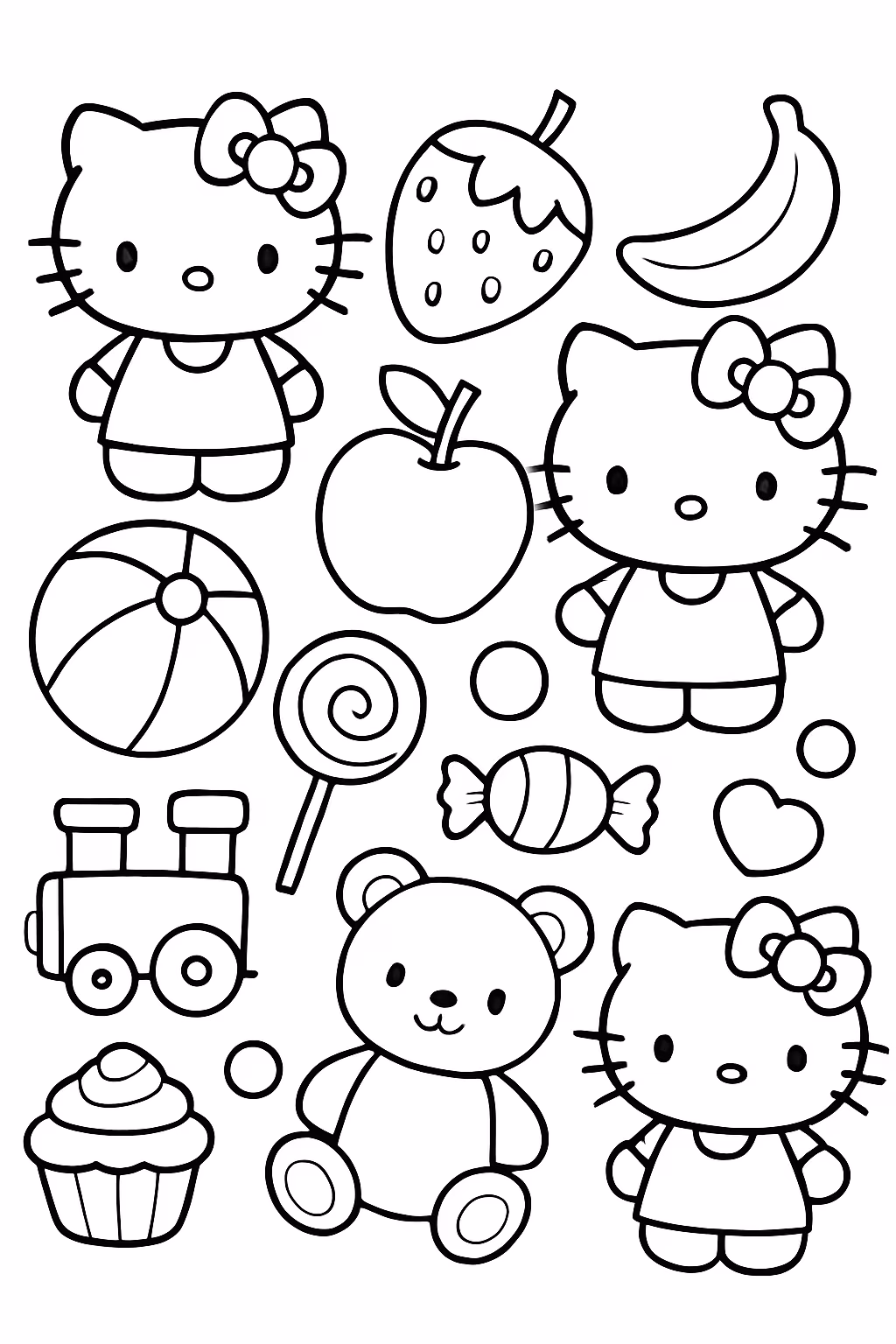 Varias frutas varios brinquedos varios doces e varias hello kittys para colorir — desenho para imprimir