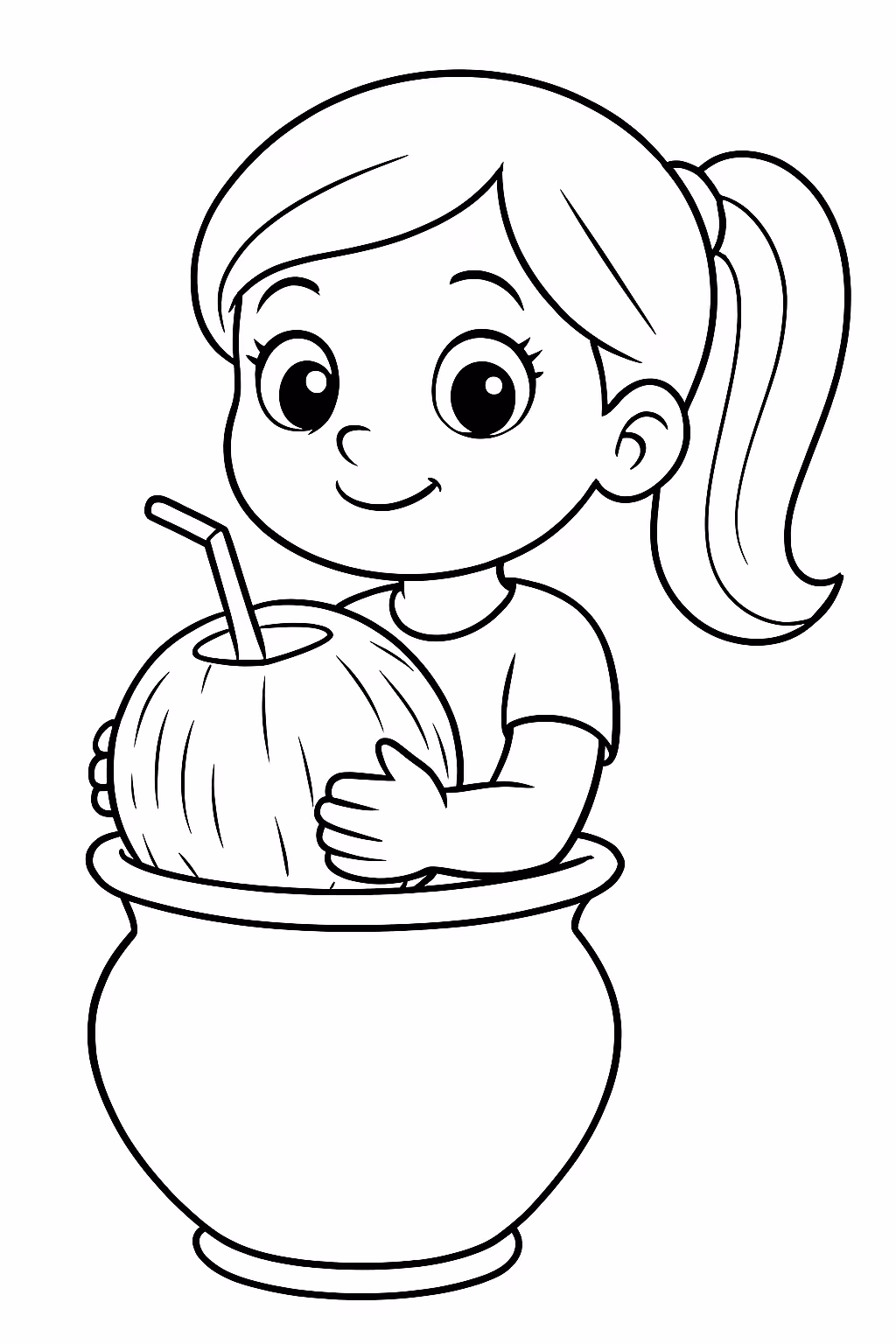 Vaso com uma menina e um coco para colorir — desenho para imprimir