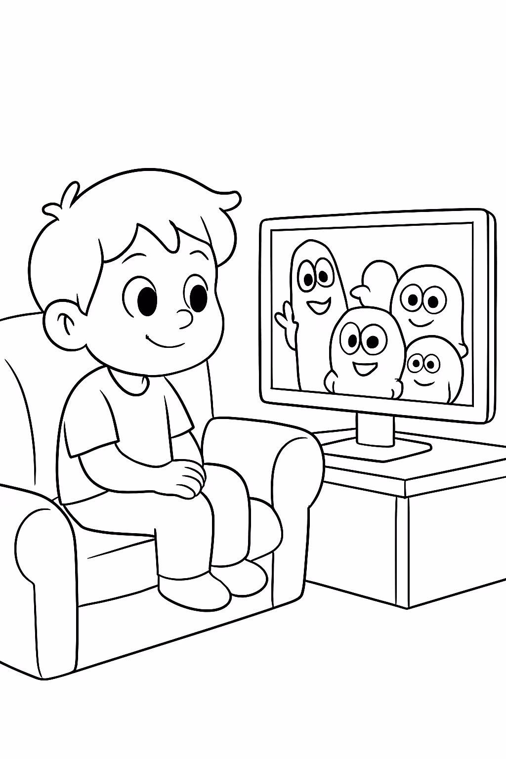Ventinhas sentado num sofa a ver raibow friends para colorir — desenho para imprimir