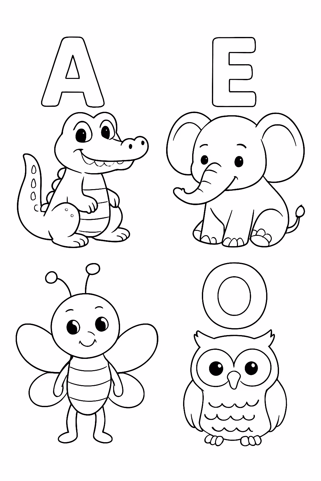 Vogais com animais separados para colorir — desenho para imprimir