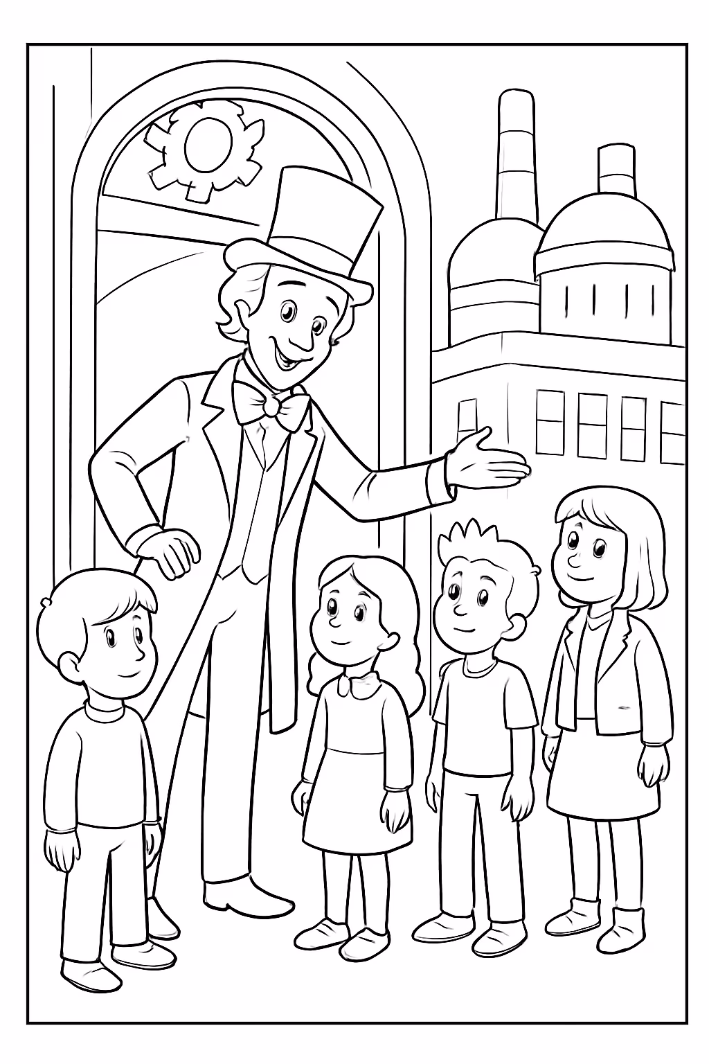 Willy wonka recebendo augustus gloop veruca salt mike teavee violet para colorir — desenho para imprimir
