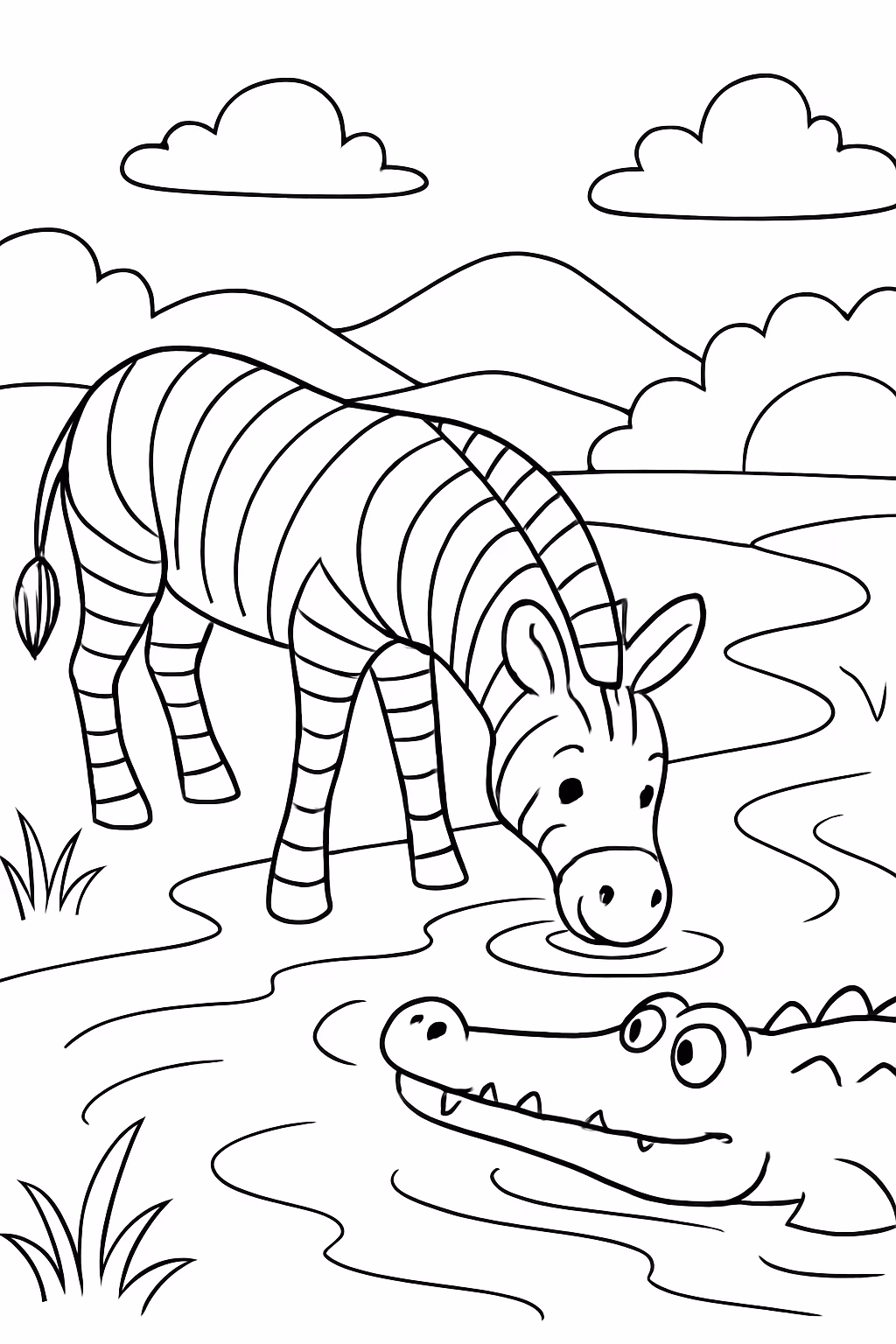 Zebra bebendo agua no meio do rio com um crocodilo para colorir — desenho para imprimir