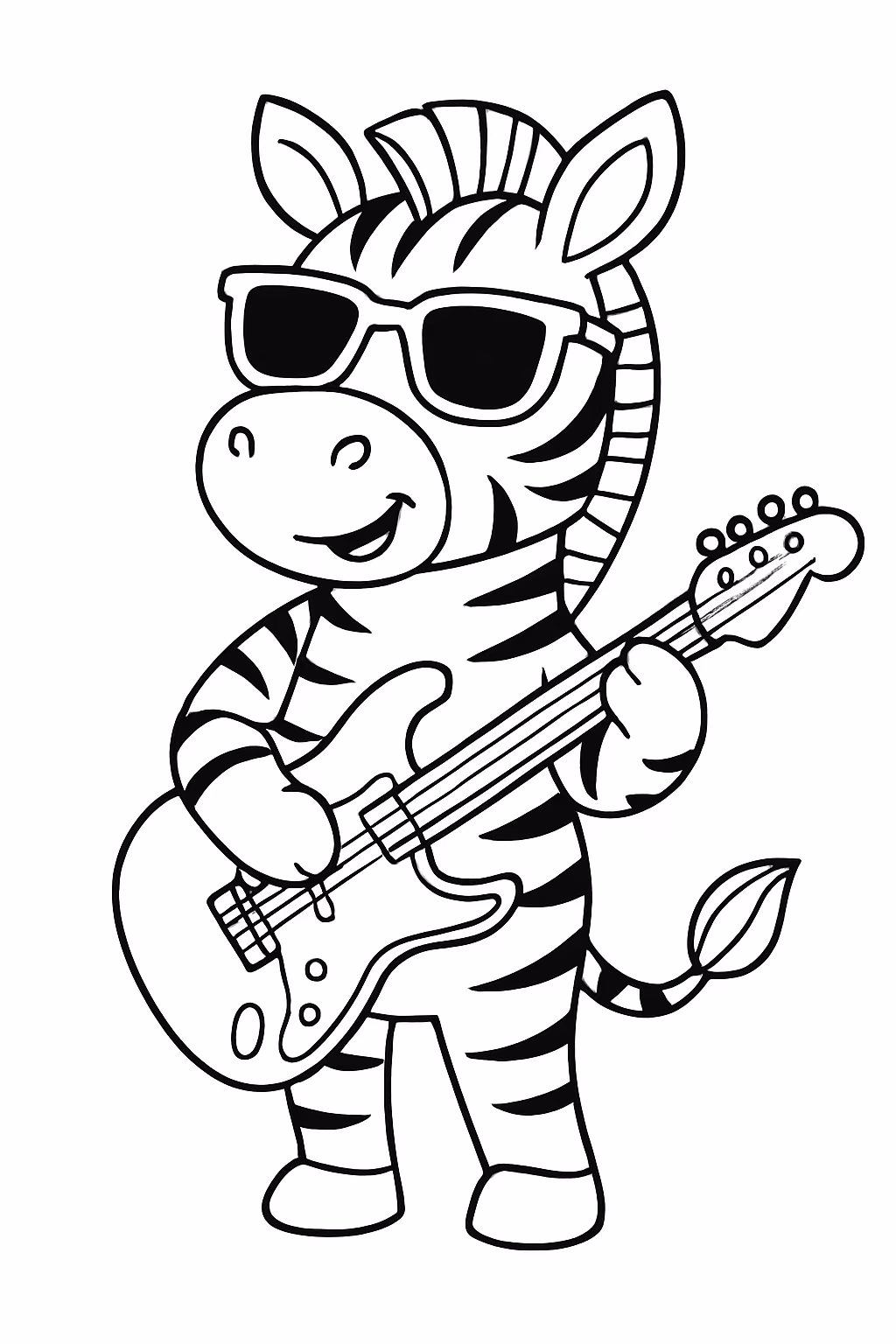 Zebra tocando uma guitarra de oculos estiloso na banda para colorir — desenho para imprimir