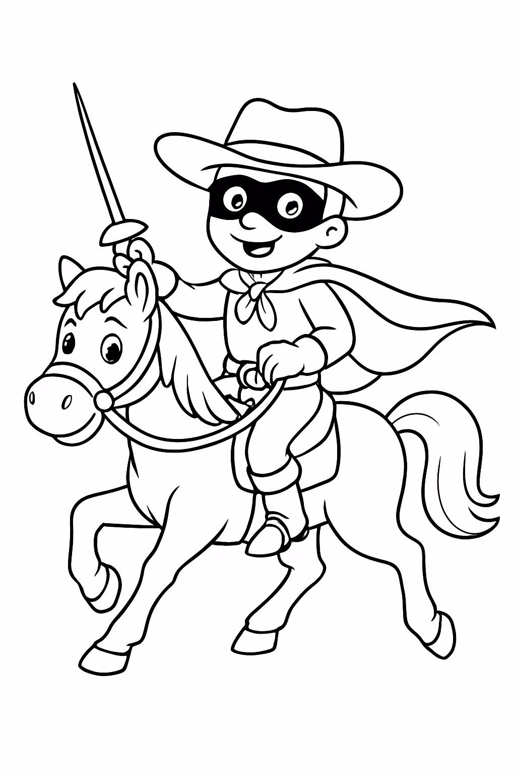 Zorro montado em seu cavalo para colorir — desenho para imprimir
