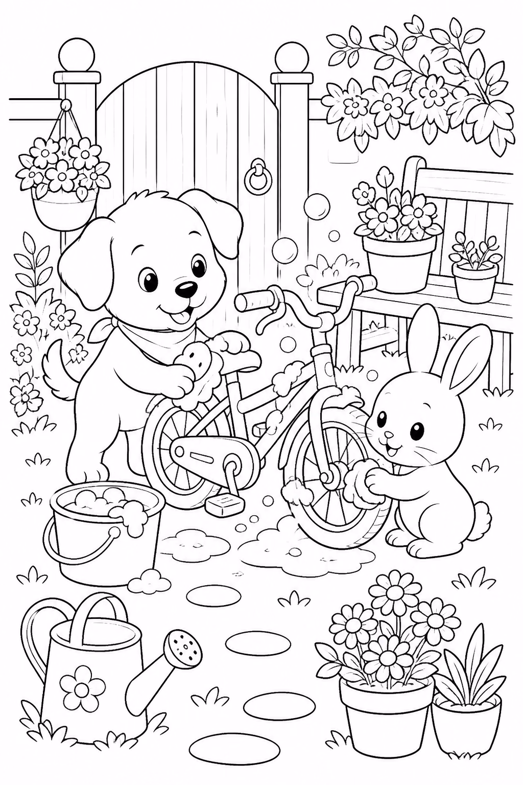 Bobbie goods cachorro e coelho lavando bicicleta para colorir — desenho para imprimir