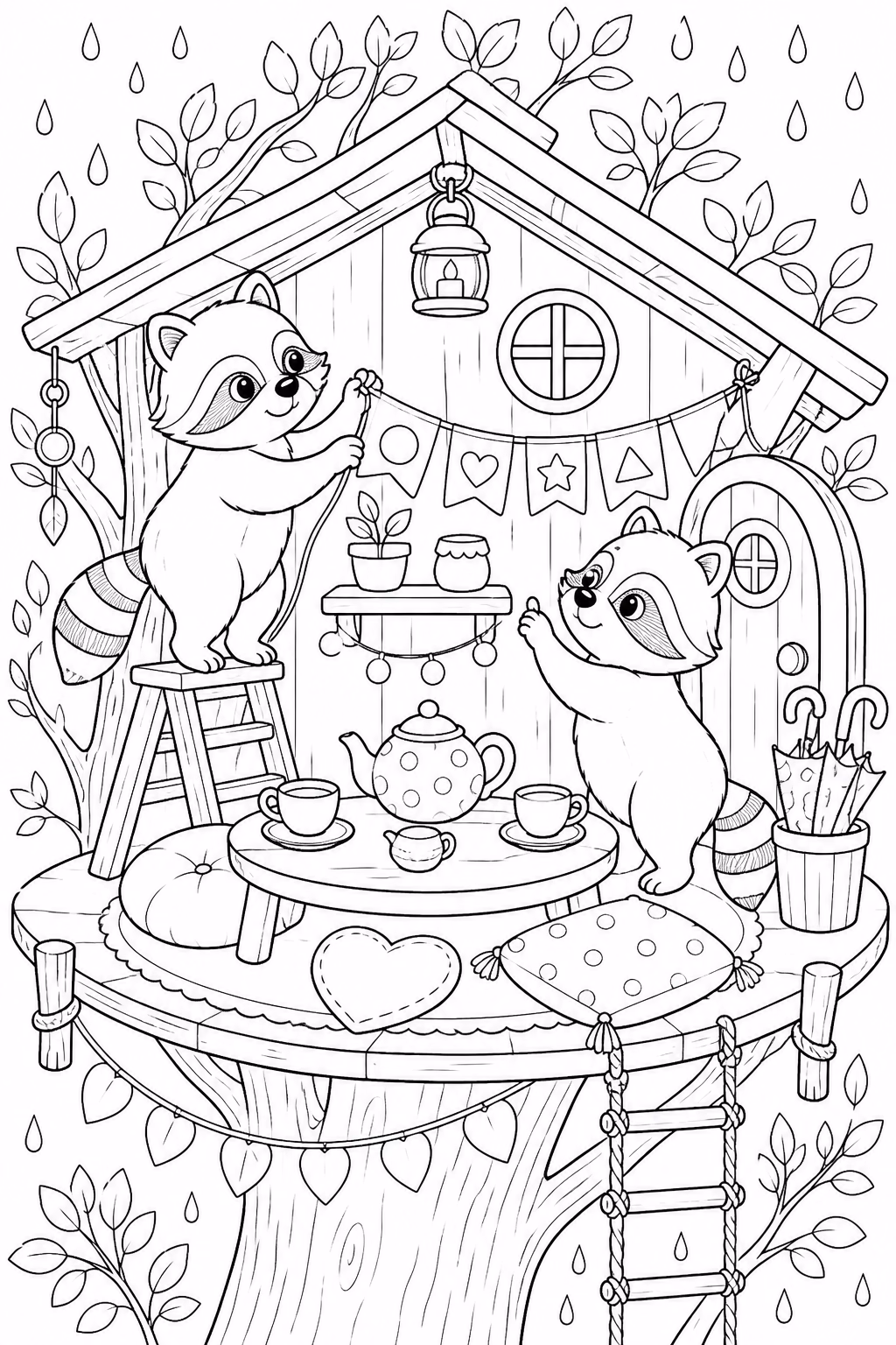 Bobbie goods guaxinins na casa na arvore para colorir — desenho para imprimir