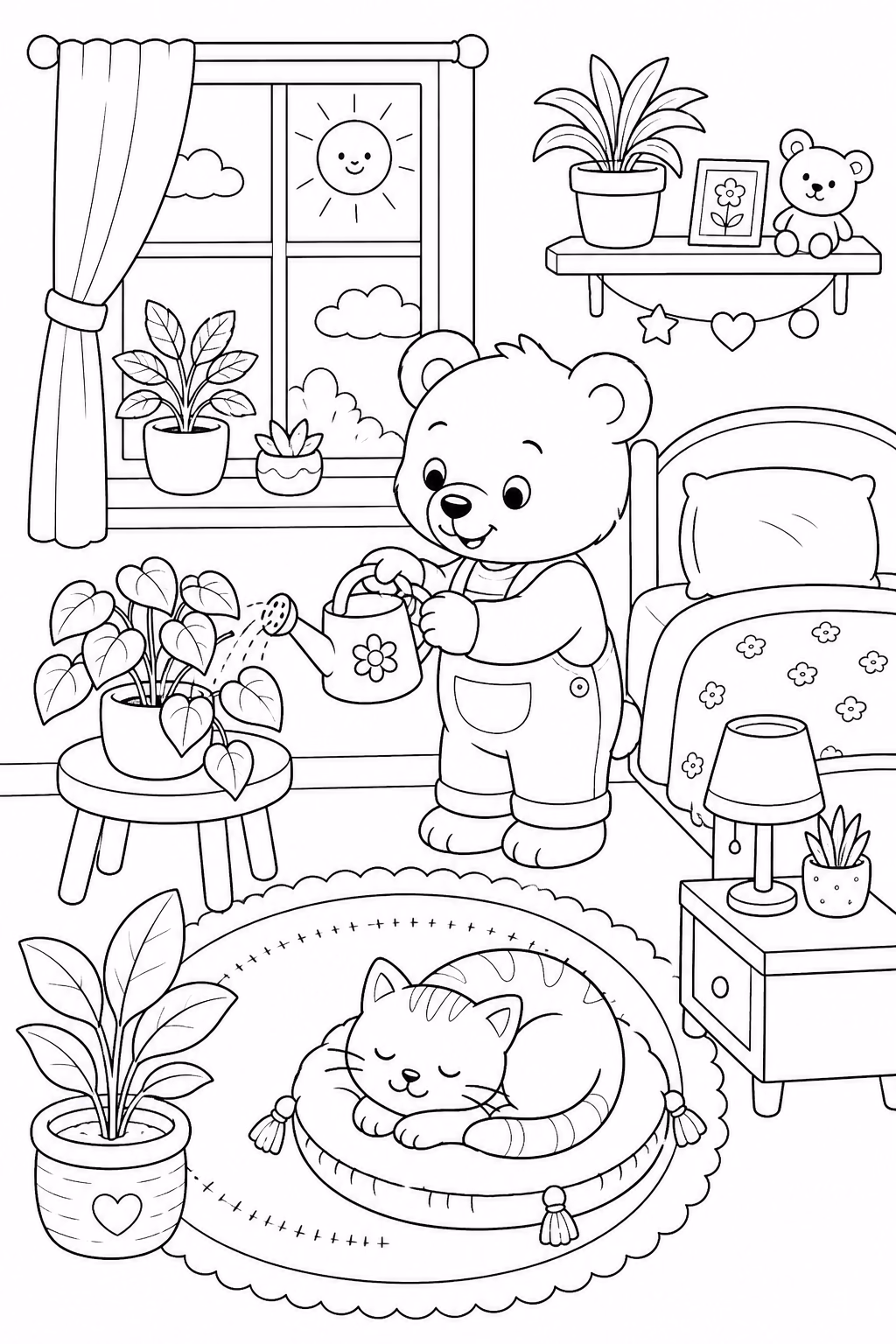 Bobbie goods urso regando plantas para colorir — desenho para imprimir